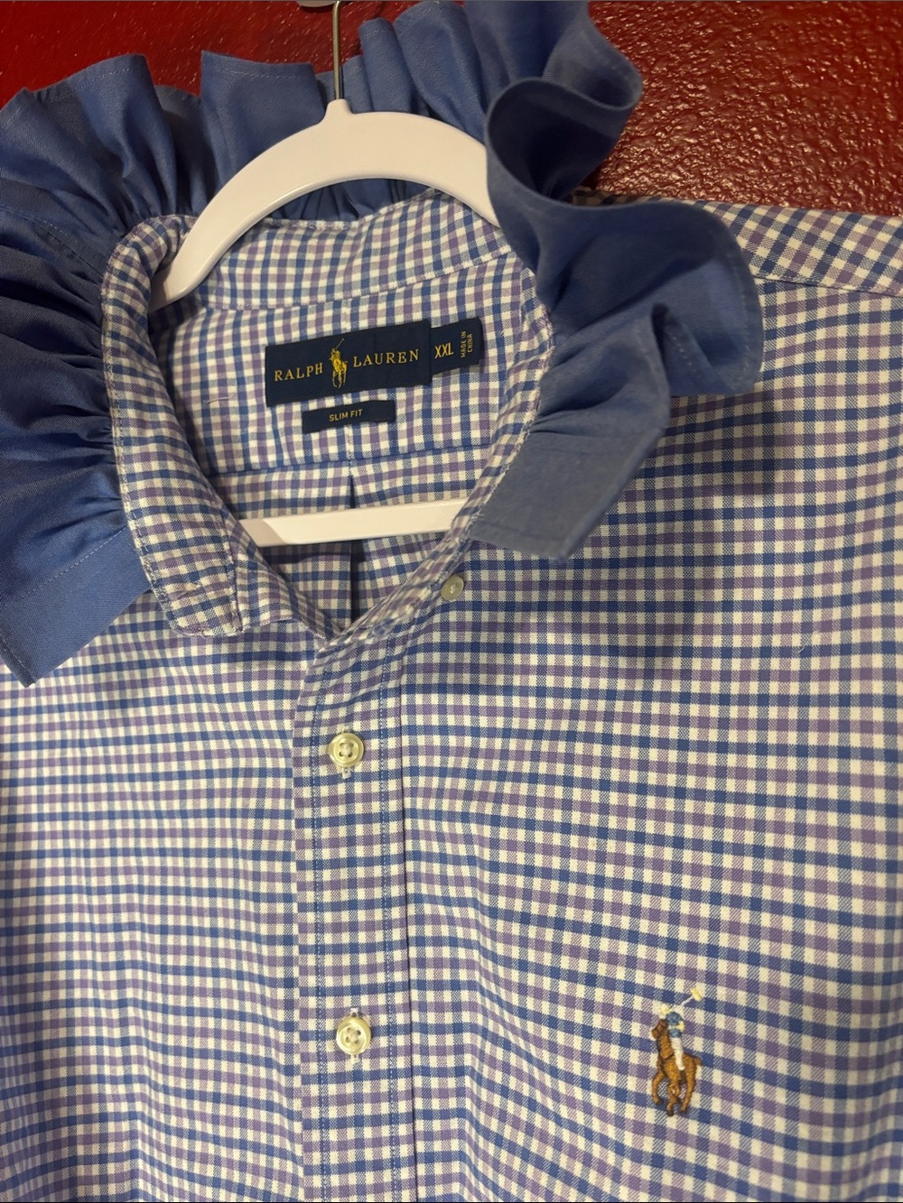 Upcycled/Reloved Ralph Lauren Blue/White/Purple Gingham Ruffled Collar Shirt